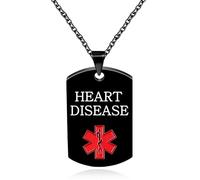 Oneress Heart Disease Medical ID Necklace, Black Beaded Pendant, Bilingual Emergency Tag for Memory Loss and Women YA5217 Black HEART