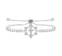 Oneress Lady's Romantic Adjustable Silver Color Zircon Cross Bolo Bracelet with Slider Clasp - Elegant and Confident Hexagonal Starlight Tennis Bracelet, Christmas Birthday Bracelet Gift Girls Women