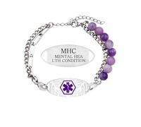 Oneress Lepidolite Mental Bracelet, Stainless Steel Tag Hypoallergenic Health Alert Fashion Healing Stones Beaded ICE Tag YA5493 Lepidolite MENTAL