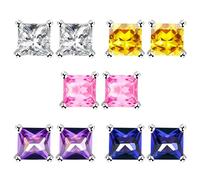 Oneress Multi Color Stud Earrings Brilliant Cut Square Cubic Zirconia Stud Earrings Birthstone Stud Earrings Set, White/Yellow/Pink/Purple/Dark Blue CZ Earring for Women Girls YA4373 (Multicolor)