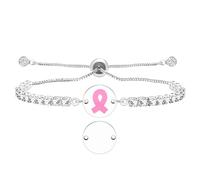 Oneress Pink Ribbon Tennis Bracelet Adjustable Slider Bolo CZ Bracelet Copper Empowerment Hope Faith Jewelry Gift for Women & Friends YA6221-White