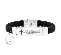 Oneress PU Leather Cuff Religious Bracelet, Round Mountain Mustard Seed Faith Bracelet with Cross Symbol, Engraved Scripture Jewelry for Everyday Wear or Special Occasions, M, Stainless Steel, no