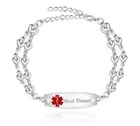 Oneress Red Medical ID Bracelet, Exquisite Women's Stainless Steel Tag with Double Layer Heart Chain, Custom Engraving for Blood Thinner, Birthday Gift for Grandmother YA3990 (Blood Thinner)