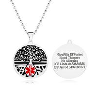 Oneress Red Medical Symbol ID Necklace, Custom Emergency Info Pendant, Stainless Steel Life Tree Medical Jewelry, Personalized Health Alert for Women YA5053