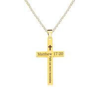 Oneress Stainless Steel Faith Necklace | Gold Plated Engraved Cross Pendant | Matthew 17:20 Bible Verse Jewelry | Jesus Savior Necklaces | Prayer Meeting Classic Ball Bead Chain YA5186-Gold