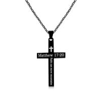 Oneress Stainless Steel Religious Pendant | Engraved Prayer Necklace | Faith Heart & Matthew 17:20 Scripture Jewelry | Christian Baptism Cross Necklaces | Minimalist Ball Bead Chain YA5186-Black