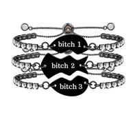 Oneress Three Pieces Heart Bitch Girls Charm Bracelets, Bitch Sisters Black Stainless Steel Heart Shaped Tennis Cubic Zirconia Bracelet for Exquisite Girl YA4773