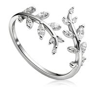 Oneroomone 925 Sterling Silver Leaf Rings, Leaf Branch Ring with 5A Zirconia Open Adjustable Finger Ring, Silver Tone Ring with Olive Leaf Rings for Women and Girls Open Ring