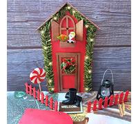 Oneshlee Mini Christmas Elf Door Set, Fairy Door Set, Christmas Wooden Sleigh Decorations, Miniature Ornament Kits, Garland Wreath Tree Small Scene with Led Light Up Kids Gifts (Red)