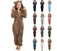 Onesie for Kids, Girls Teddy Fleece Cute Ear Hooded Onesie-Winter Warm Zipper Kids Onesie Sleepsuits One Piece Pyjamas Fleece Pjs Thickened Thermal Loungewear Fuzzy Nightwear 3-12 Years