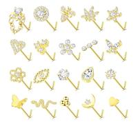ONESING 12-20Pcs 20G Nose Rings L Shaped Stainless Steel Nose Stud Set with Flower Butterfly Moon Nose Rings Stud Body Piercing Jewelry for Women Men, S, Stainless Steel, no gemstone