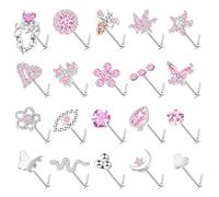 ONESING 12-20Pcs 20G Nose Rings L Shaped Stainless Steel Nose Stud Set with Flower Butterfly Moon Nose Rings Stud Body Piercing Jewelry for Women Men, S, Stainless Steel, no gemstone