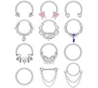 ONESING 12 Pcs Septum Rings 16G Septum Jewelry Surgical Steel Septum Piercing Jewelry CZ Butterfly Dangle Daith Cartilage Helix Horseshoe Nose Hoop Lip Rings Silver Septum Rings for Women, Stainless
