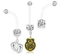 ONESING 3 Pcs 14G Pregnancy Belly Button Rings Flexible Maternity Belly Button Rings 38mm Clear Long Bar Pregnancy Belly Rings Cute Hypoallergenic Healing Sport Navel Rings for Women, Stainless Steel