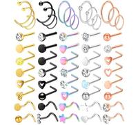 ONESING 55 Pcs 20G Nose Rings for Women Nose Rings Hoops Nose Piercing Jewelry L Shape Nose Studs Screw CZ Nose Bone Studs Stainless Steel Body Piercing Jewelry, Stainless Steel,