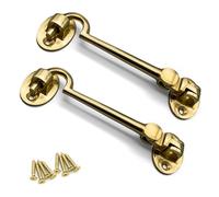 onesto Pack 2 Brass Cabin Hook Silent Type 100mm - Solid Brass Door Latch for Gates, Sheds, Windows & Cupboards - Traditional Quiet Design with Fixings
