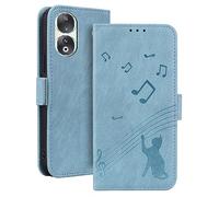 ONETHEFUL Case for Honor 90 Wallet Case Card Slots Strong Magnetic Closure Kickstand Premium Leather Wallet Flip Music Cat Pattern Full Protection Cover for Honor 90 5G light blue