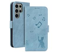 ONETHEFUL Case for Samsung Galaxy S23 Ultra Wallet Case Card Slots Strong Magnetic Closure Kickstand Premium Leather Wallet Flip Music Cat Pattern Protection Cover for Samsung S23 Ultra light blue