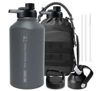 OneTigris Tactical Half Gallon Water Bottle with Straw - 64 oz Vacuum Insulated Stainless Steel Water Jug, Leakproof Sport Bottle with 3 BPA Free Lids, Paracord Handle & MOLLE Water Pouch for Outdoor