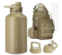 ONETIGRIS Tactical Half Gallon Water Bottle with Straw - 64 oz Vacuum Insulated Stainless Steel Water Jug, Leakproof Sport Bottle with 3 BPA Free Lids, Paracord Handle & MOLLE Water Pouch for Outdoor