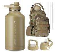 ONETIGRIS Tactical Half Gallon Water Bottle with Straw - 64 oz Vacuum Insulated Stainless Steel Water Jug, Leakproof Sport Bottle with 3 BPA Free Lids, Paracord Handle & MOLLE Water Pouch for Outdoor