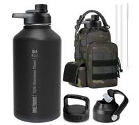 ONETIGRIS Tactical Half Gallon Water Bottle with Straw - 64 oz Vacuum Insulated Stainless Steel Water Jug, Leakproof Sport Bottle with 3 BPA Free Lids, Paracord Handle & MOLLE Water Pouch for Outdoor
