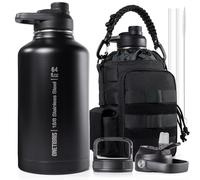 OneTigris Tactical Half Gallon Water Bottle with Straw - 64 oz Vacuum Insulated Stainless Steel Water Jug, Leakproof Sport Bottle with 3 BPA Free Lids, Paracord Handle & MOLLE Water Pouch for Outdoor