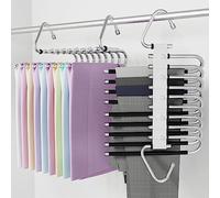 OneTreeTime 9 Layers Trouser Hangers Space Saving 2 Pack Hangers for Wardrobes Non Slip Stainless Steel Multi-Functional Rack Closet Organizer with Hooks for Pants Jeans Clothes Scarf (Black with 10 c