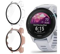 onetuo Compatible Case for Garmin Forerunner 255/255S, Hard PC Case with Tempered Glass Screen Protector, 46mm, Pink+Clear, 1 Pack