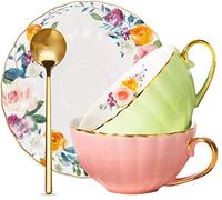 ONEUSTAR Tea Cup and Saucer Set for 2 Porcelain Enghlish Tea Cup Floral Teacups Coffee Cup Latte Cup Mugs for Mother's Day Birthday Wedding Party Gifts, 8 Oz