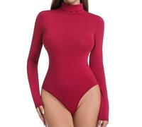 ONEW Women's Bodysuit Turtle Neck Long Sleeves Body Suit Top High Neck Tanga Leotard Jumpsuit Basic Slimfit Undershirt for Going Out Wine Red M