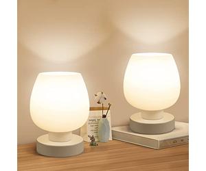 ONEWISH Touch Bedside Table Lamp Set of 2 - Small Modern, 3-Way Dimable Desk lamp with White Opal Glass Lamp Shade, 3000K LED Bulb, Simple Design Home Décor for Bedroom Living Room Nightstand