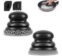 Onewly Cast Iron Scrubber (1Pack Black Coarse Mesh + 1Pack Black Fine Mesh) and and Scraper, Chain Mail Scrubber for Cleaning Stock Pots, Pans, Griddles, Grills, Cast Iron Skillets, Dish Scouring Pads