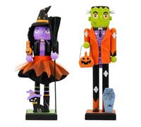 ONEWOOD 2pc Halloween Nutcrackers Set - 10 Inch Wooden Wicked Witch with Broom and Frankenstein Monster Figurines, Quirky Autumn Home Mantel Shelf Tabletop Holiday Decor Gift (Witch & Frankenstein)