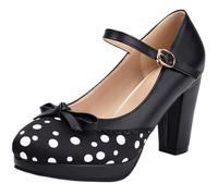 Onewus Mary Jane Cone Heel Court Shoes | Polka Dot with Bowknot, Colour-Blocking, Backstrap, 8.5cm Heel + 1.5cm Platform for Casual and Dates Black