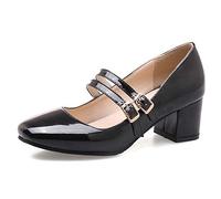 Onewus Women's Mary Jane Shoes, 5cm Block Heel Pumps with Double Buckle Straps, Patent PU Round Toe Low Heels for Work Office Commute Party Daily Wear Black