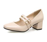 Onewus Women's Mary Jane Shoes, 5cm Block Heel Pumps with Double Buckle Straps, Patent PU Round Toe Low Heels for Work Office Commute Party Daily Wear Apricot