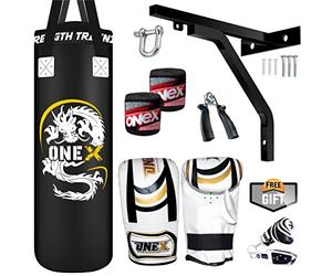 ONEX 3ft Punch Bag Heavy Filled Boxing Training Punching Gloves Fighting Hanging 13pcs Bracket set (BLACK)