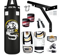 ONEX 3ft Punch Bag Set Heavy Filled Boxing Training Punching Gloves Fighting Hanging 13pcs Bracket set (Black)