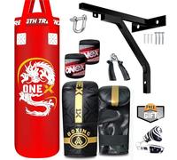 ONEX 3ft Punch Bag Set Heavy Filled Boxing Training Punching Gloves Fighting Hanging 3ft Bracket (Set 3ft Red)