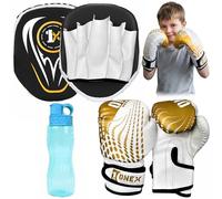 ONEX Boxing Gloves and Pads Kids Boxing Set for Kickboxing & MMA Muay Thai Punching Glove Flat Boxing Pads With Water Bottle Martial Arts Training for Kids and Junior (GOLD, 4oz)