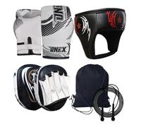ONEX Boxing Set Kids, Includes 2oz Gloves, Pads, Head Guard, Carrying Bag & skipping Rope Target Training Set, MMA Hook & Jab Strike Pads for Boys & Girls (Kid Boxing Set with Focus Pads - BLACK)