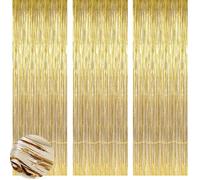 Onezebra 3 Pack 3.2ft x 8.3ft Metallic Tinsel Curtains, Foil Fringe Curtain, Foil Curtain, Glitter Backdrop for Party Supplies, Rose Gold Streamers for Door, Window Decoration (Champagne Gold)