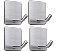 Onezebra 4 Pack Self-Adhesive Hooks, Waterproof Stainless Steel Wall Hooks, Versatile Towel Holder for Wall, Door, Kitchen, Bathroom, for Towels, Coats, Keys, Robes (Silver)