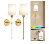 onffo Battery Operated Wall Sconces Set of 2, Dimmable Wireless Wall Lights with Detachable Bulbs, 3 CCT, 12 RGB, Remote Control, Gold Rechargeable Wall Lights for Bedroom, Living Room, Hallway