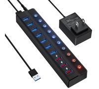 ONFINIO Power Powered USB Hub, 10 Port USB Splitter Hub (7 Faster Data Transfer Ports + 3 Smart Charging Ports) with LED Switches