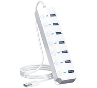 ONFINIO USB Hub 3.0, 7-Port USB Hub Splitter with Individual On/Off Switches and Lights, 3.2ft/1m Long Cable Compatible with MacBook, Laptop, Surface Pro, PS4, PC, Flash Drive, Mobile HDD-White