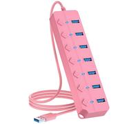 ONFINIO USB Hub 3.0, 7-Port USB Hub Splitter with Individual On/Off Switches and Lights, 3.2ft/1m Long Cable Compatible with MacBook, Laptop, Surface Pro, PS4, PC, Flash Drive, Mobile HDD-Pink