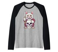 Oni Cat Holding Sword and Skull Raglan Baseball Tee