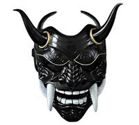 Oni Mask, 11x9.5" Latex Japanese Hannya Mask, Horror Scary Full Face Devil Samurai with Fangs and Ox Horn, Elastic Band for Halloween, Masquerade, Cosplay Props Black